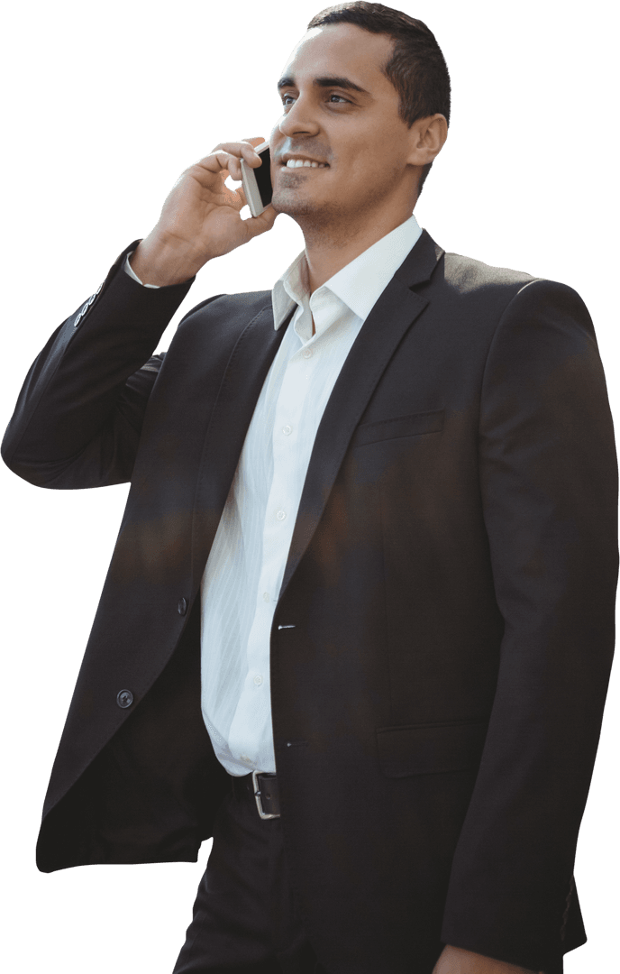 Confident Businessman Using Phone in Professional Attire on Transparent Background