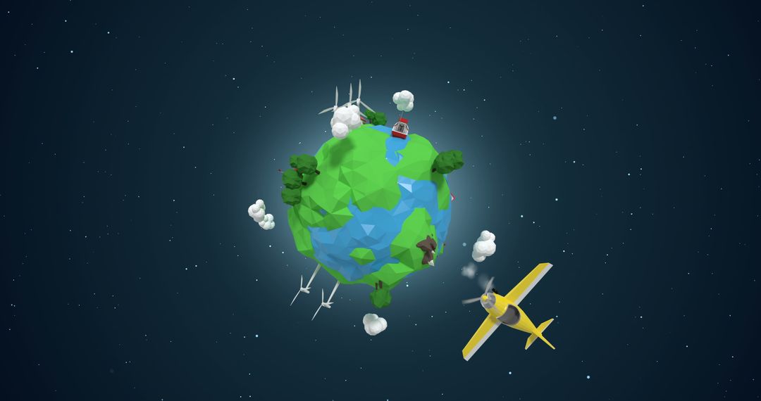 Low-Poly Aircraft Traveling Around 3D Globe in Space