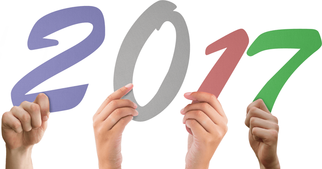 Hands Holding Colorful 2017 Numbers on Transparent Background