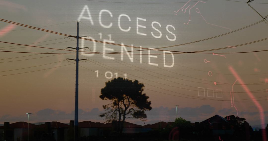 Access Denied Over Suburban Rooftops at Dusk with Tech Overlay