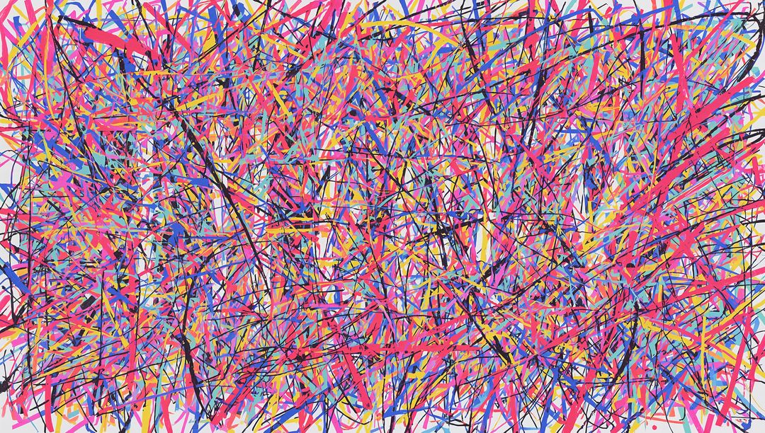 Flowing Neon Drip Abstract Canvas Featuring Chaotic Multicolor Linework and Layered Strokes