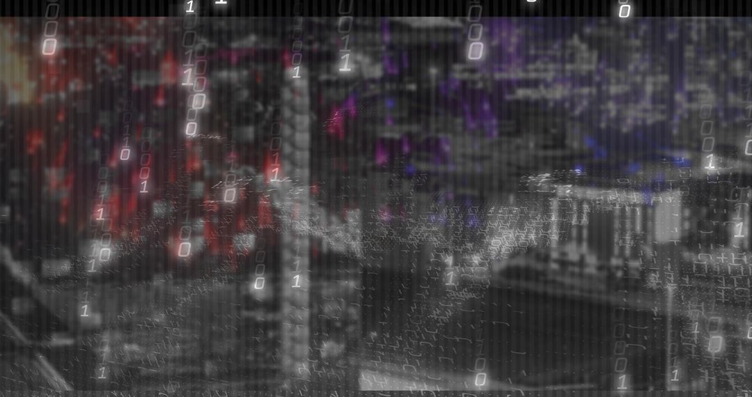 Binary Code Overlay on Neon Cyberpunk Cityscape