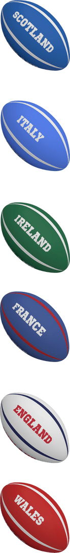 Collection of Rugby Balls with Country Names on Transparent Background