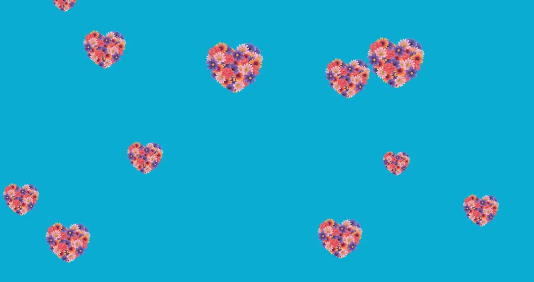 Colorful Flower Hearts on Vibrant Blue Background Pattern