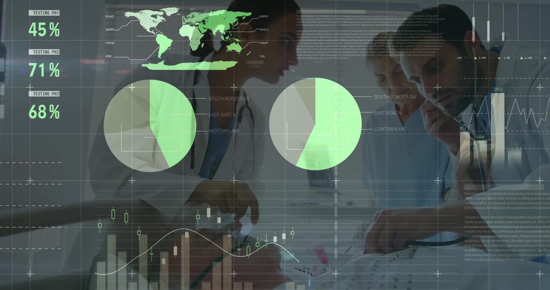 Doctors Discussing Medical Innovation with Financial Data Overlay