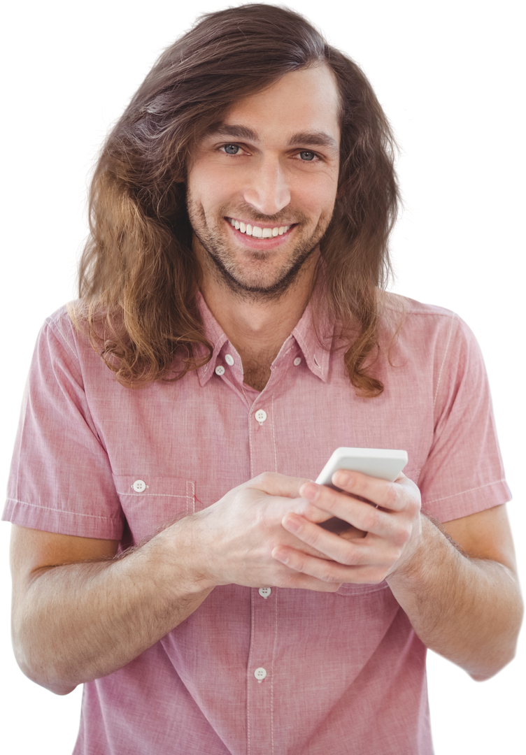 Transparent portrait of cheerful hipster man using mobile phone with smile - Download Free Stock Images Pikwizard.com