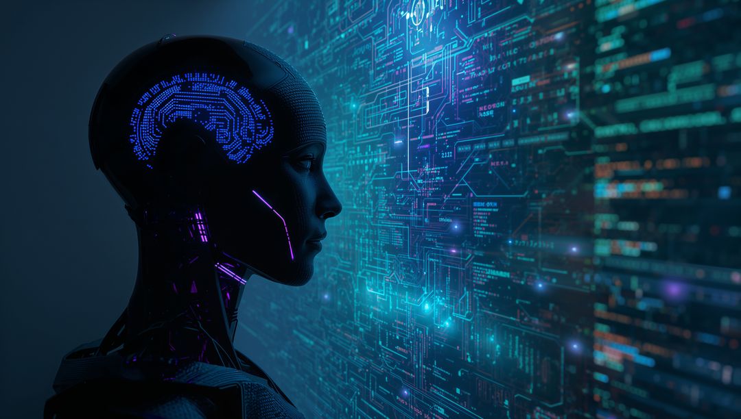 Futuristic humanoid AI interfacing with glowing neural network wall and circuit data