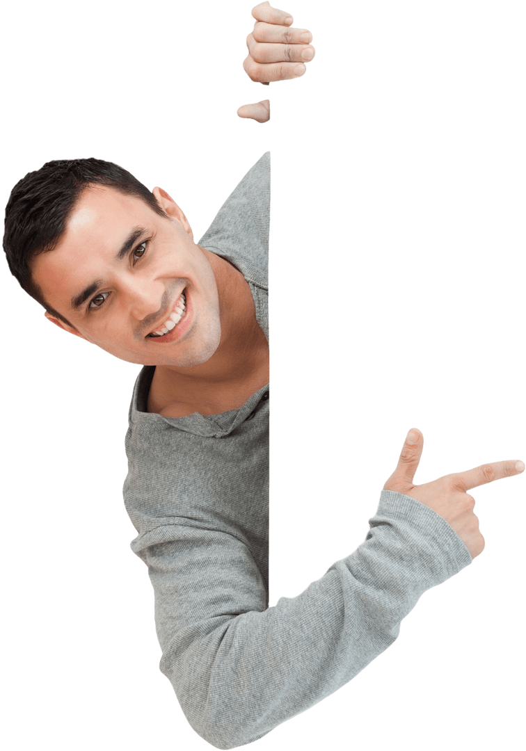 Smiling Young Man Presenting on Transparent Background