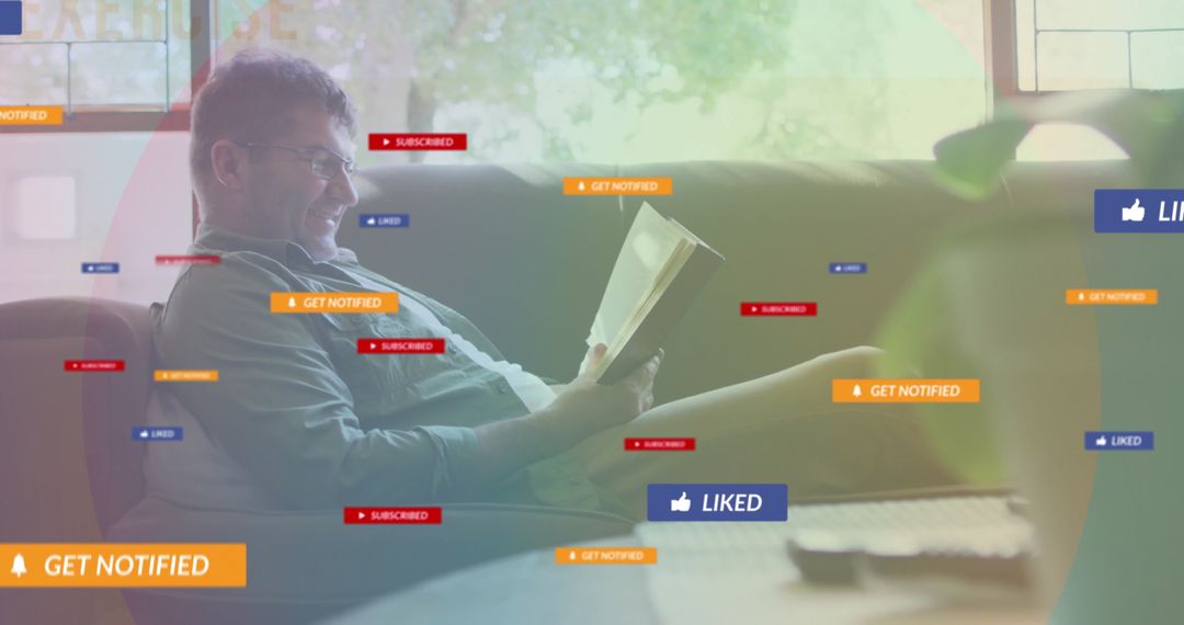 Man Relaxing with Book Surrounded by Social Media Notifications