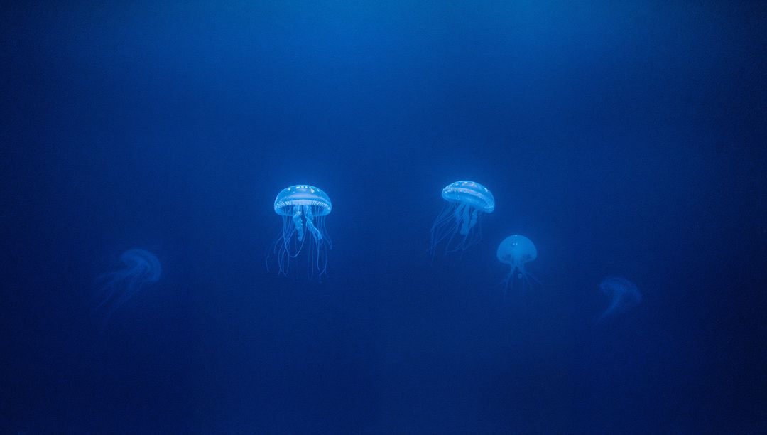 Glowing Bioluminescent Jellyfish in Deep Blue Ocean