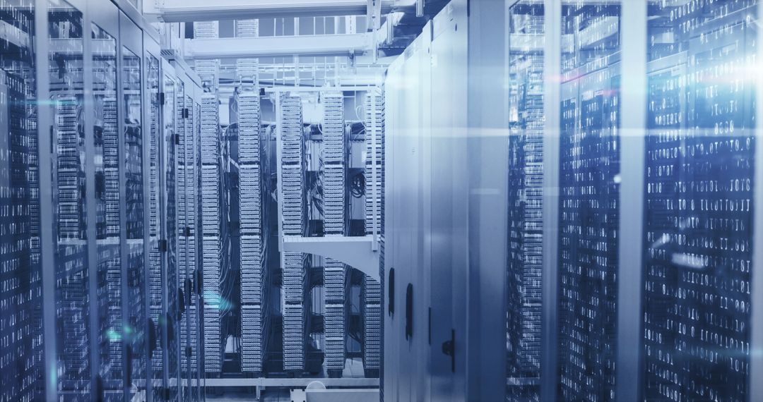 Data Center with Networked Servers Illuminated by Blue Light Trails