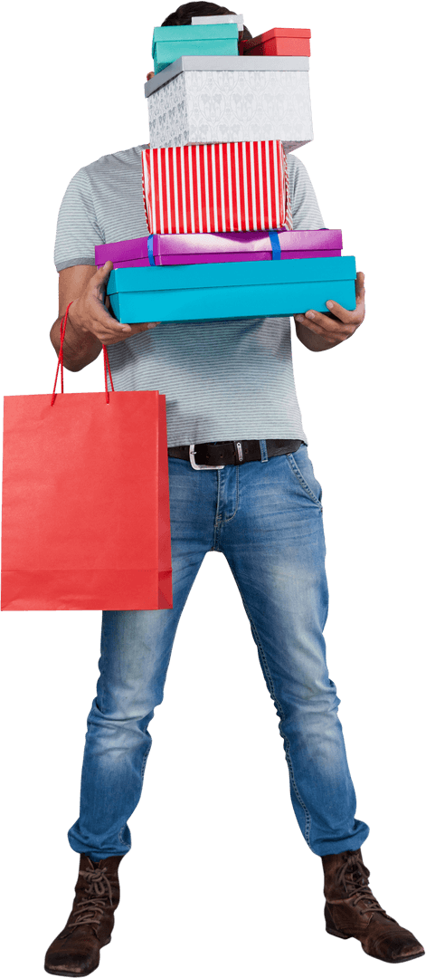 Man Carrying Numerous Gift Boxes on Transparent Background