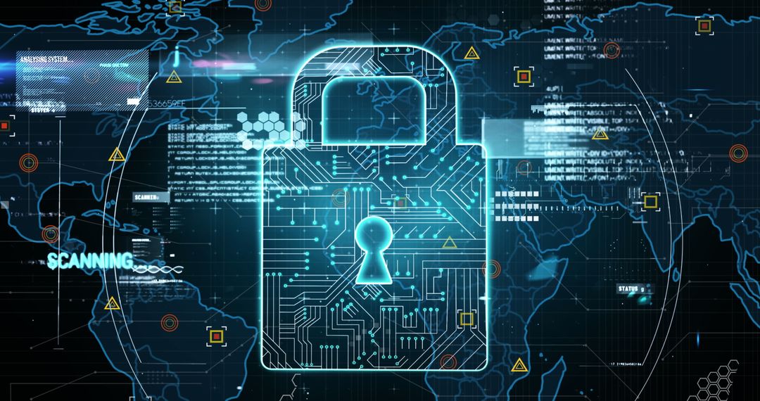 Digital Secure Network with Iconic Padlock and Global Connectivity