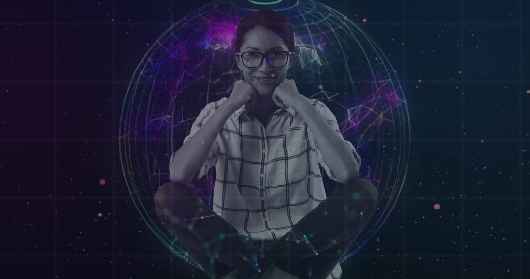 Woman with Futuristic Globe Hologram Analyzing Graphs