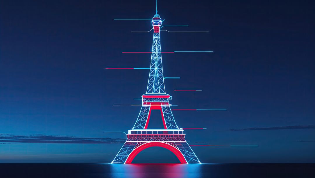 Neon Futuristic Eiffel Tower with Glitch Bars at Night