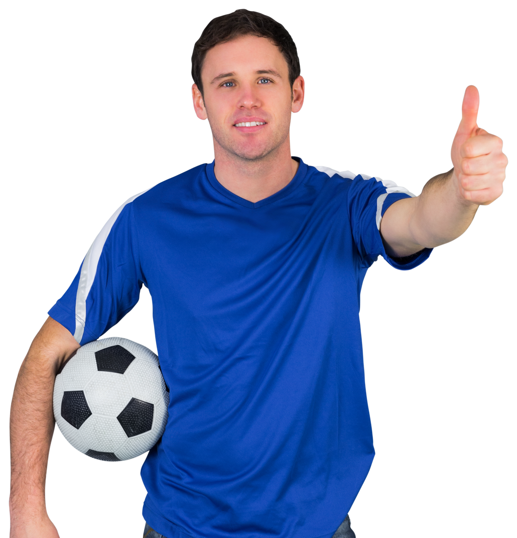 Smiling Man in Blue Jersey Holding Soccer Ball with Thumbs Up - Download Free Stock Images Pikwizard.com