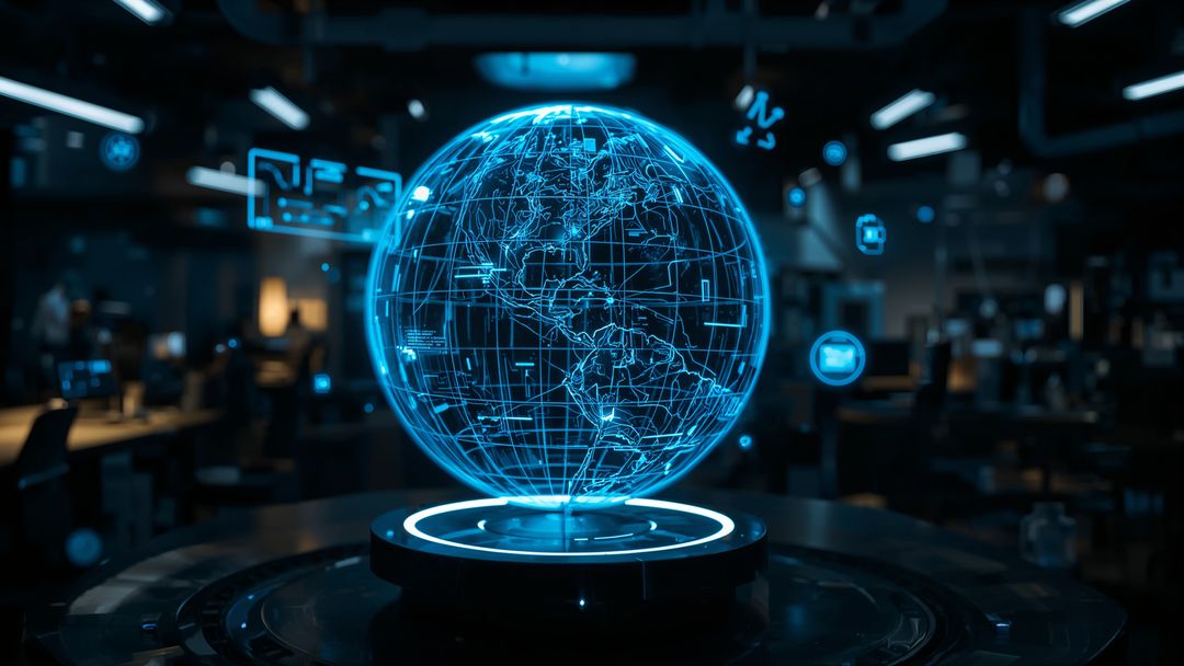 Futuristic Holographic Globe in Modern Office Space