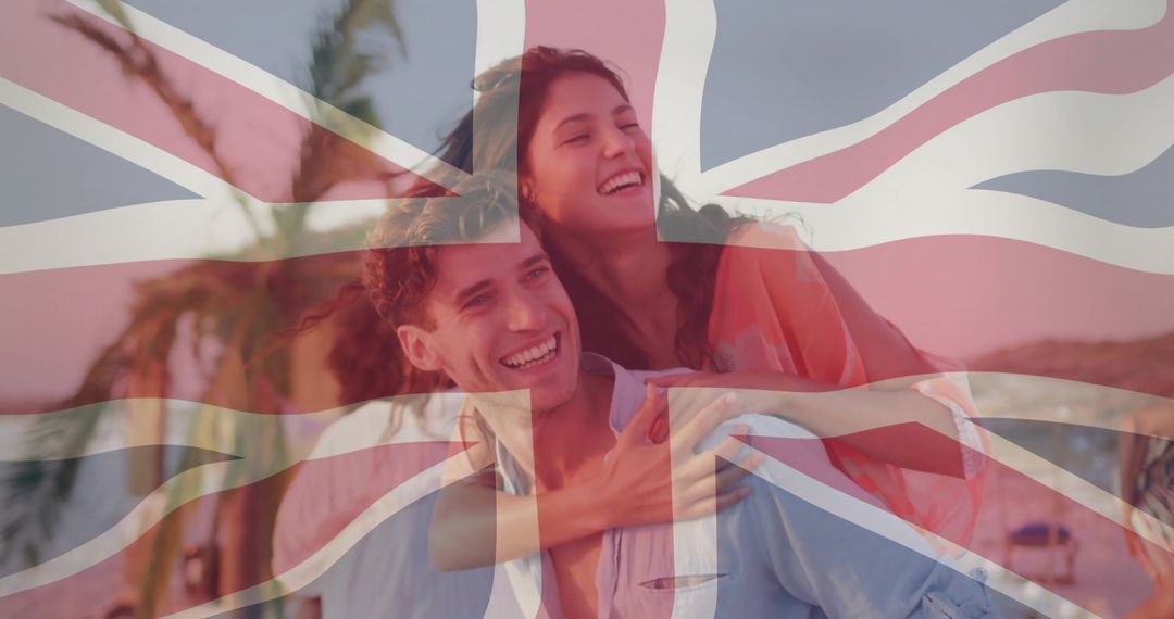Happy Couple Enjoys Beach Sunset with Union Jack Overlay Balancing Tradition and Modernity