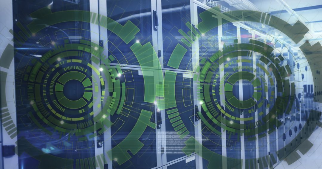 Server Room with Futuristic Digital Interface and Code Overlay