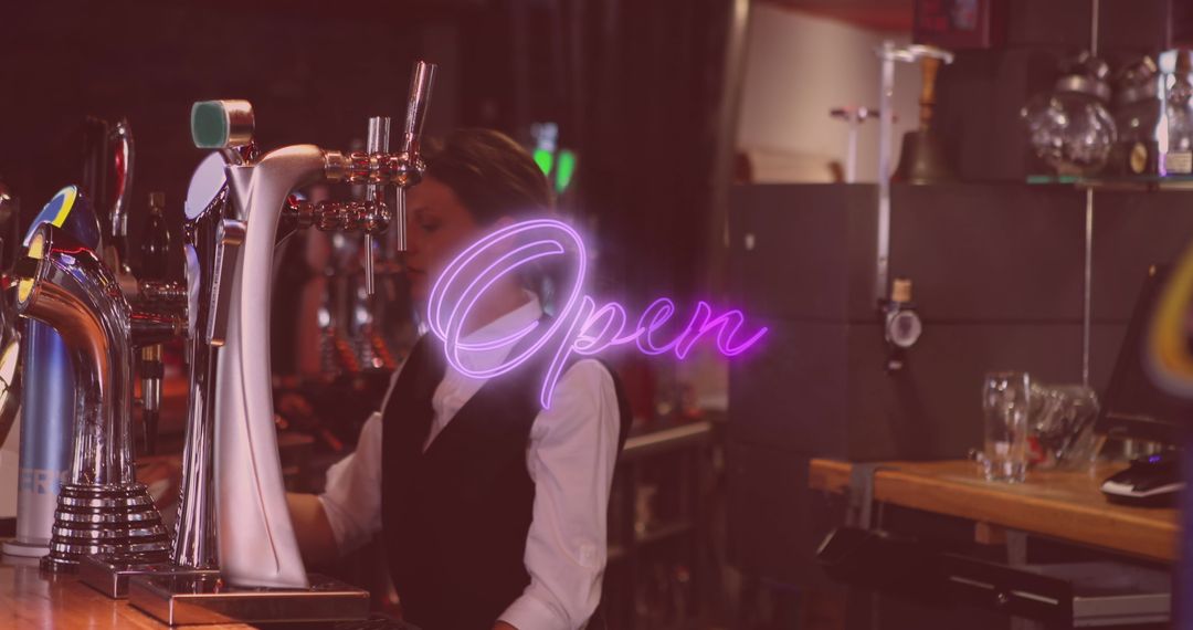 Bartender Behind Bar with Neon Open Sign