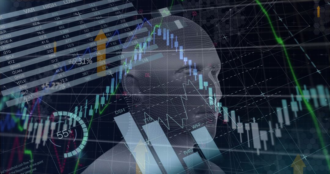 Wireframe Head with Futuristic Data Visualization and Analytics