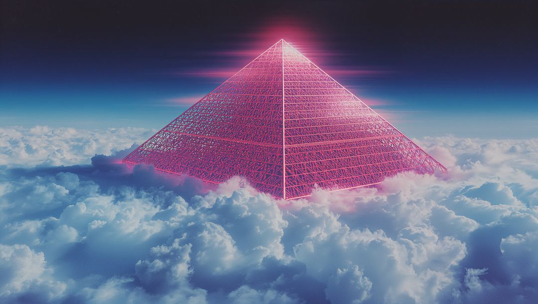 Floating neon-pink wireframe pyramid hovering above clouds emitting glowing apex streaks