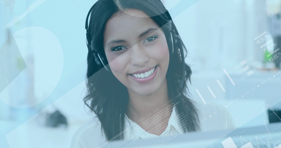 Smiling Woman with Headset and Digital Data Interface Overlay