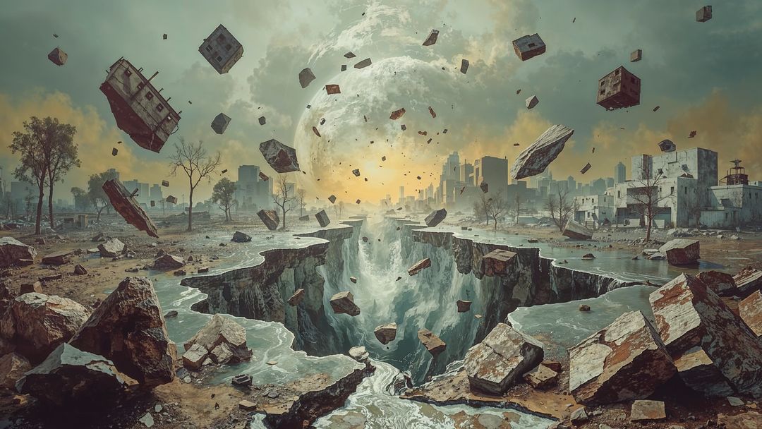 Dystopian Landscape with Crumbling Debris and Cosmic Element