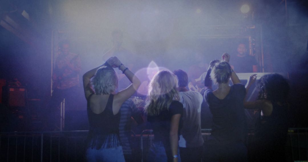 Group of Friends Enjoying Live Concert with Thrilling Lights