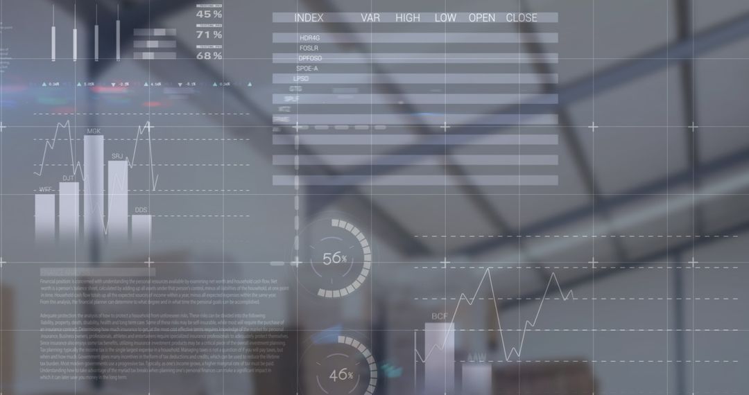 Futuristic Warehouse with Financial Data Visualization Overlay