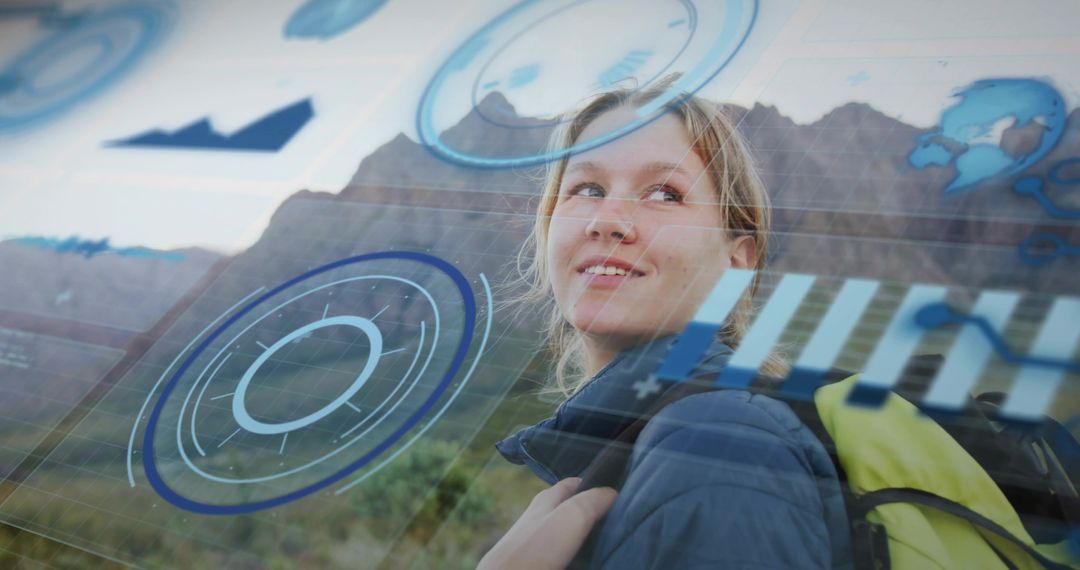 Female Hiker Scanning AR Route on Mountain Trail with Backpack and HUD Navigation