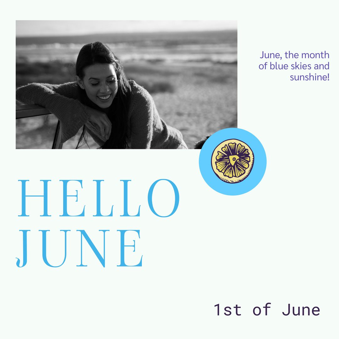 Hello June Text with Woman Enjoying Beach Atmosphere