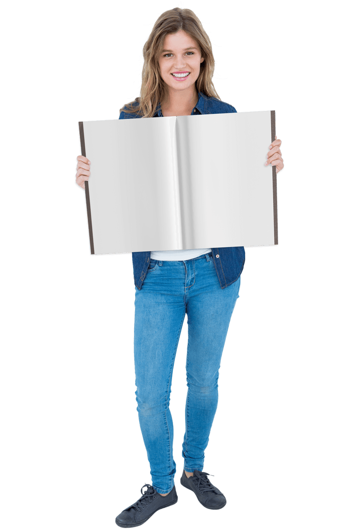 Smiling Woman Holding Open Blank Book Transparent Background