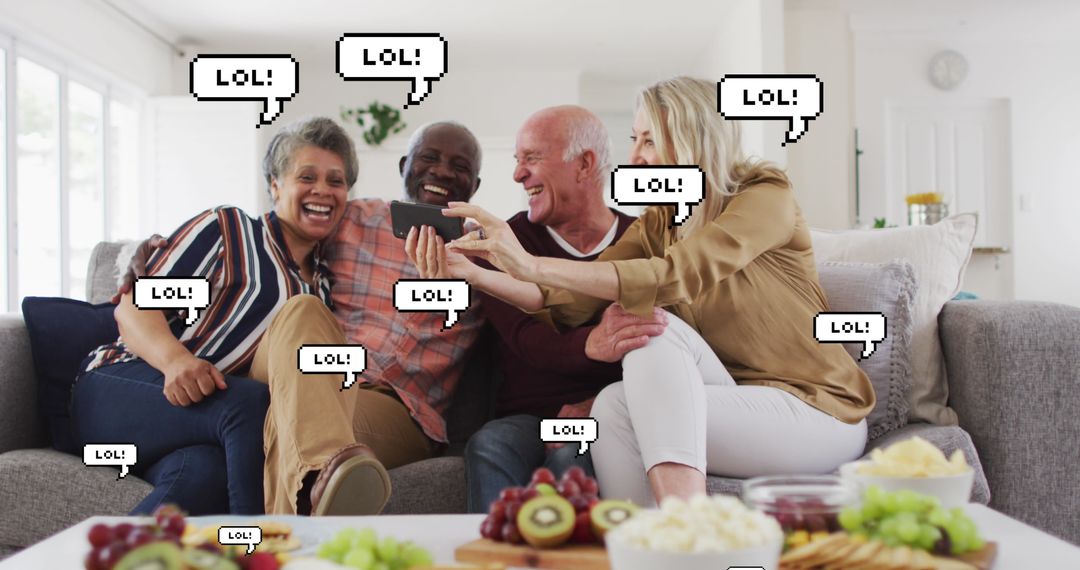 Diverse Seniors Sharing Laughter at Home, Presentation of Digital Communication