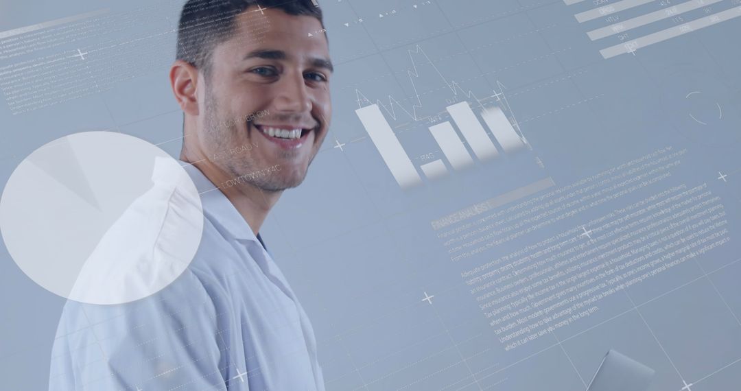 Smiling Medical Worker with Digital Data Overlay