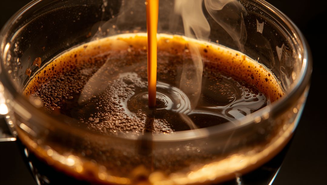 Macro Pouring Espresso Stream Creating Crema and Rising Steam in Clear Glass Cup