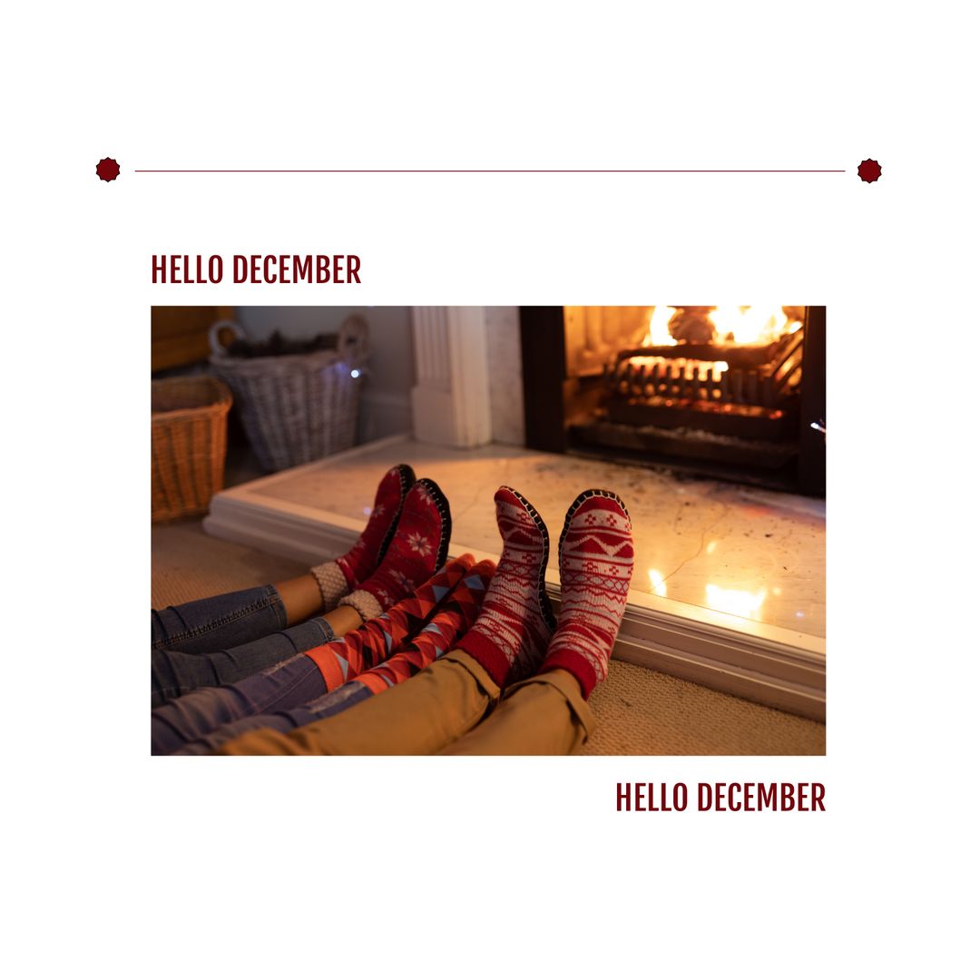 Family Relaxing by Fireplace in Cozy Socks with 'Hello December' Text - Download Free Stock Templates Pikwizard.com