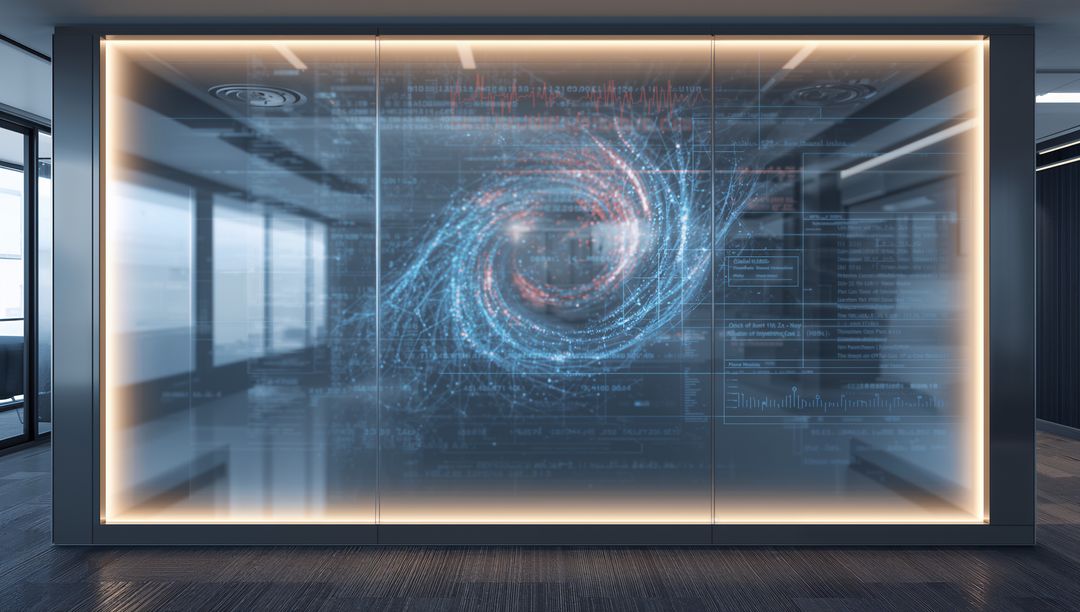 Holographic Data Spiral Display Modern Corporate Lobby Futuristic Transparent UI LED-lit