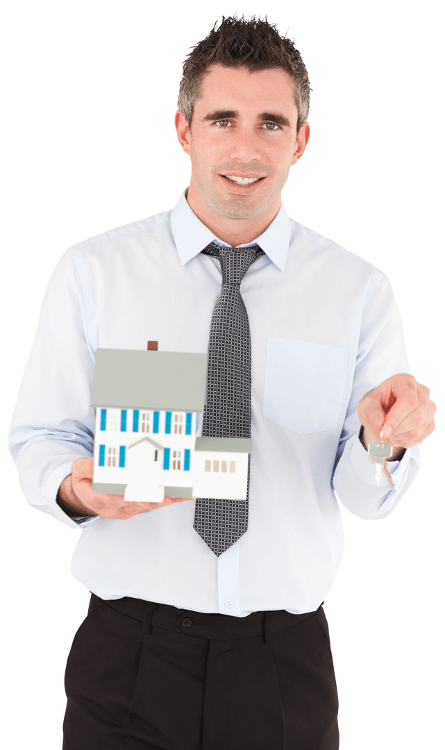 Transparent Smiling Realtor Holding Key and Miniature House