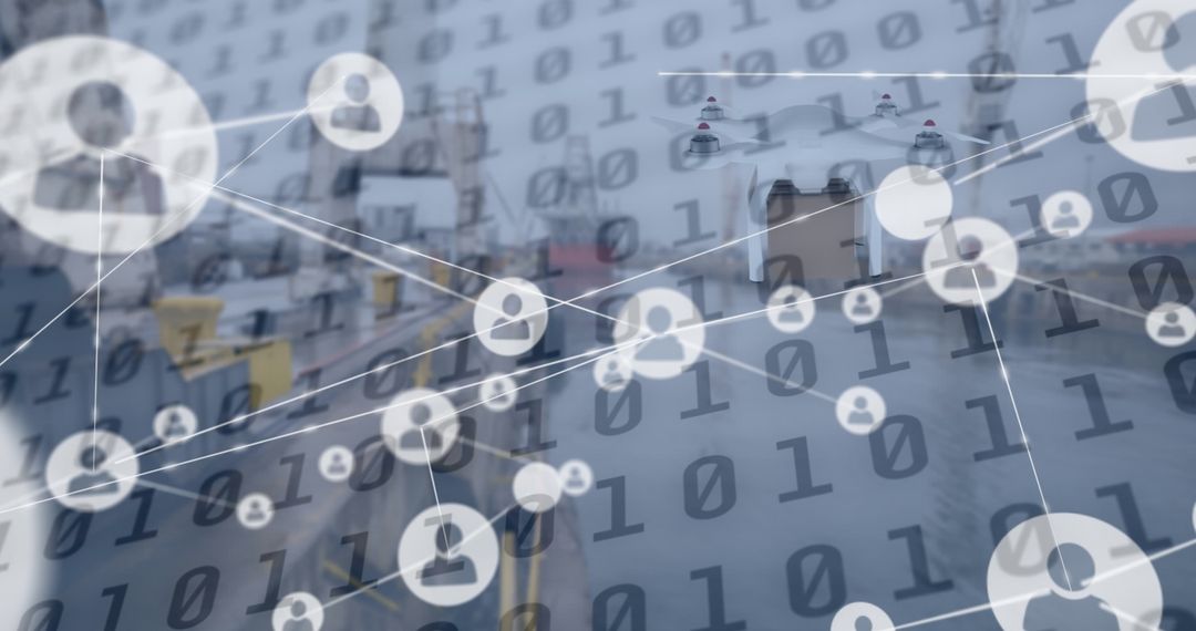 Networking Connections and Digital Interface Overlaying Industrial Background