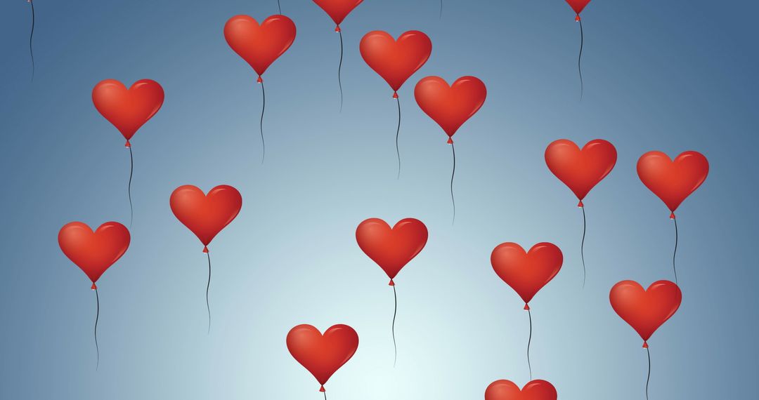 Floating Red Heart Balloons on Blue Background