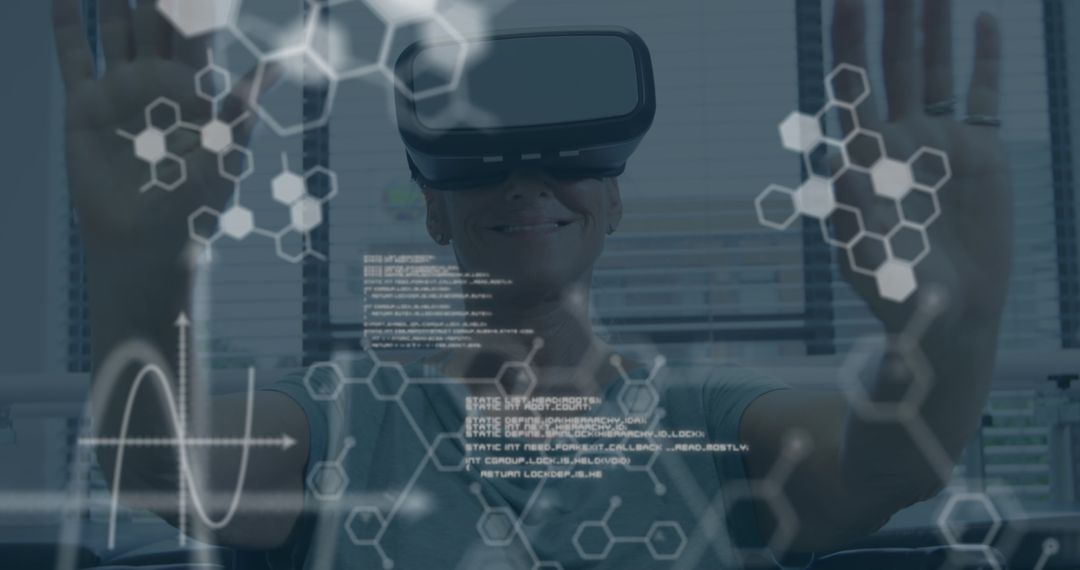 Smiling Businesswoman Interacts with Virtual Data Using VR Headset