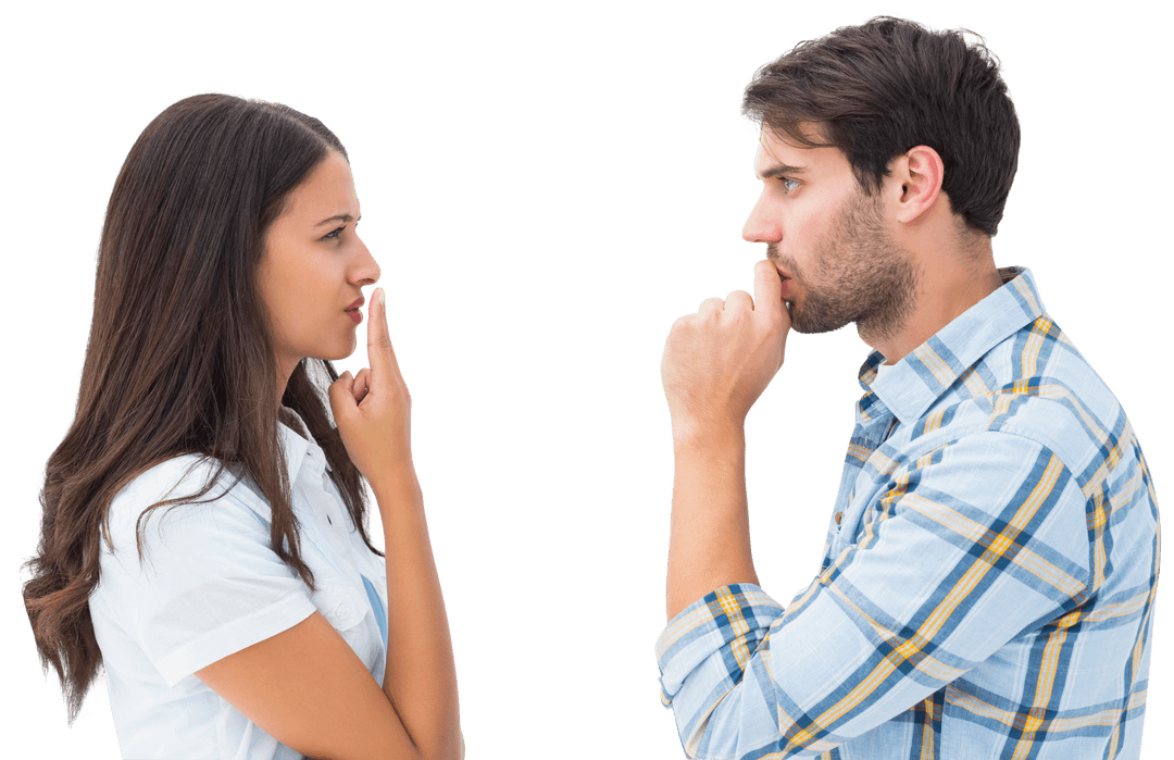 Transparent Couple in Silent Disagreement Facing Each Other