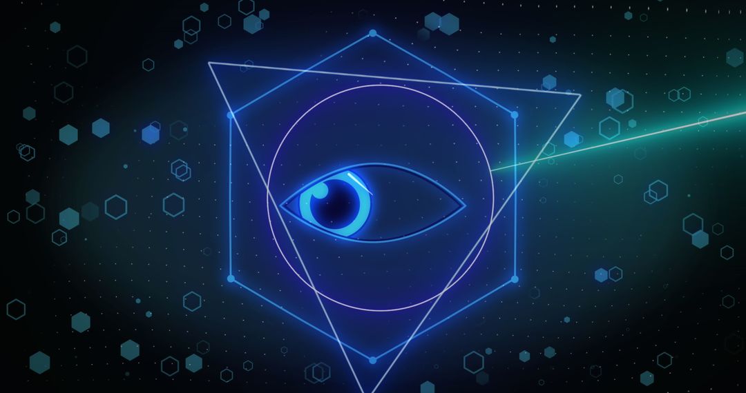 Futuristic Eye Symbol with Geometric Shapes on Digital Background