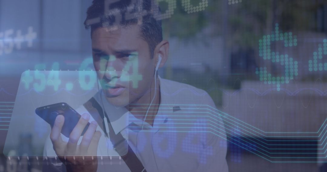 Businessman Uses Smartphone Against Financial Data Background