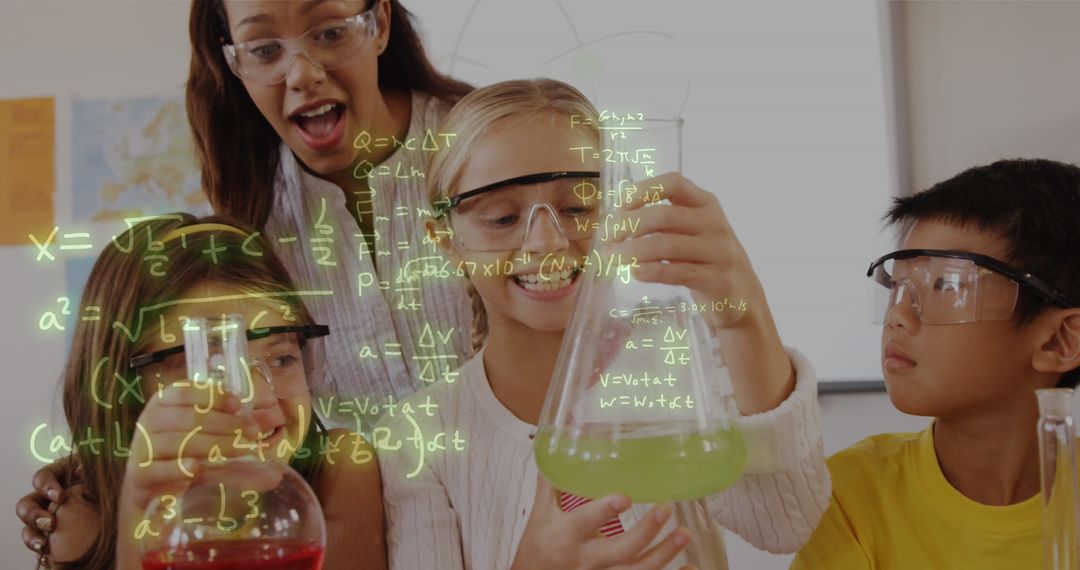 Diverse Children with Teacher Exploring Science in Lab