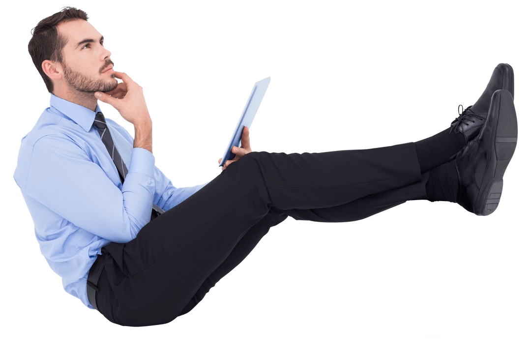 Contemplative Businessman Seated Holding Tablet on Transparent Background