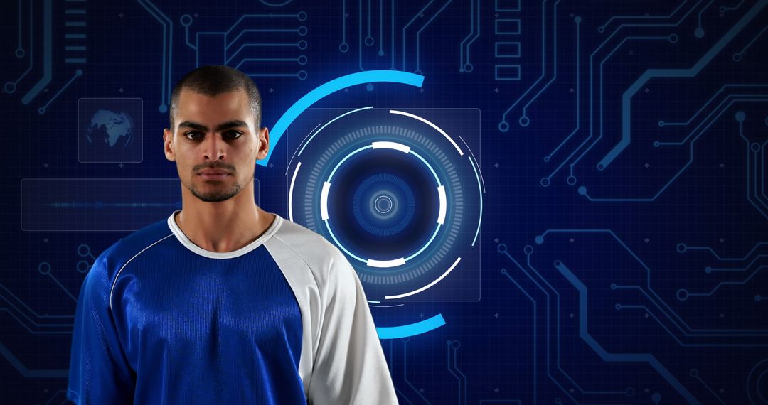 Basketball Player with Digital Interface Background