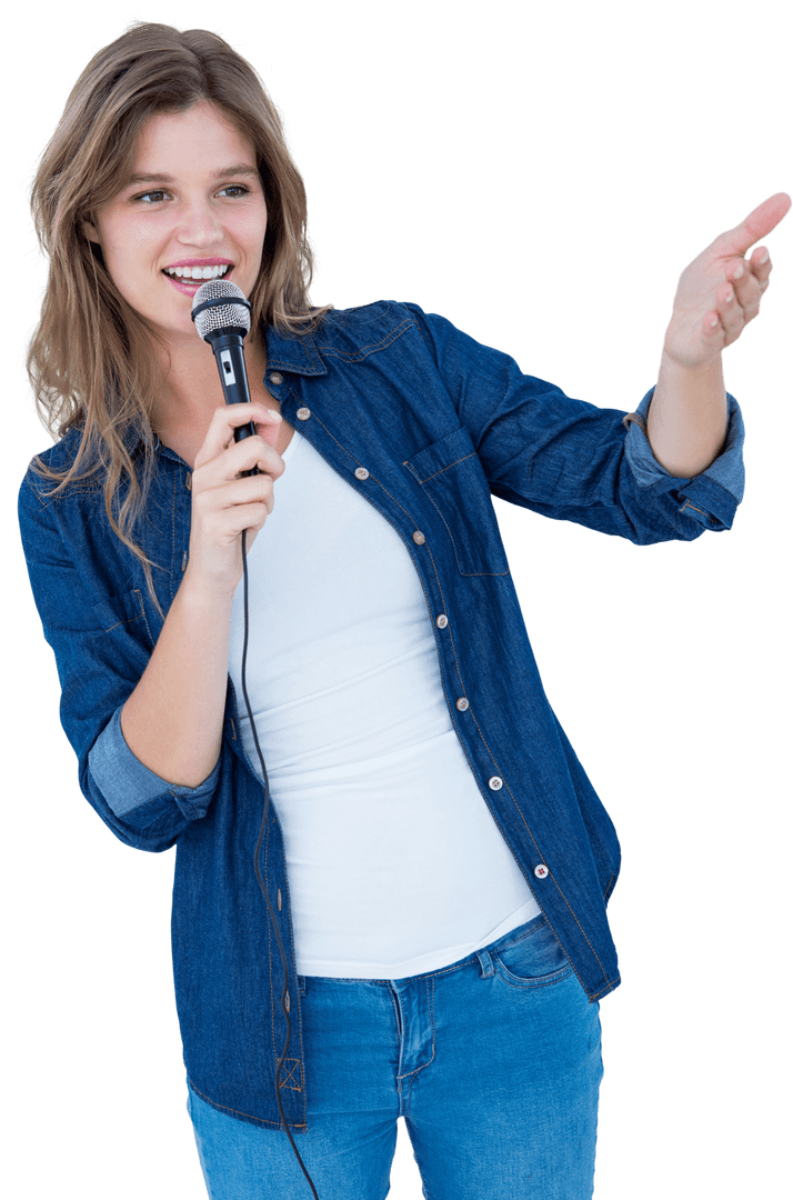 Energetic Woman Joyfully Singing with Microphone Translucent