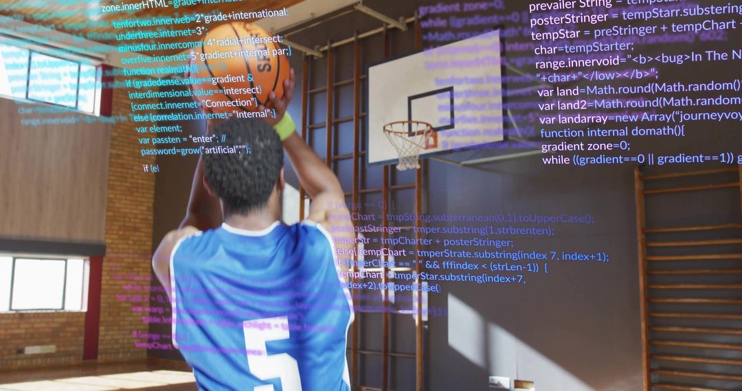 Boy Practicing Basketball Shot with Coding Concept Overlay